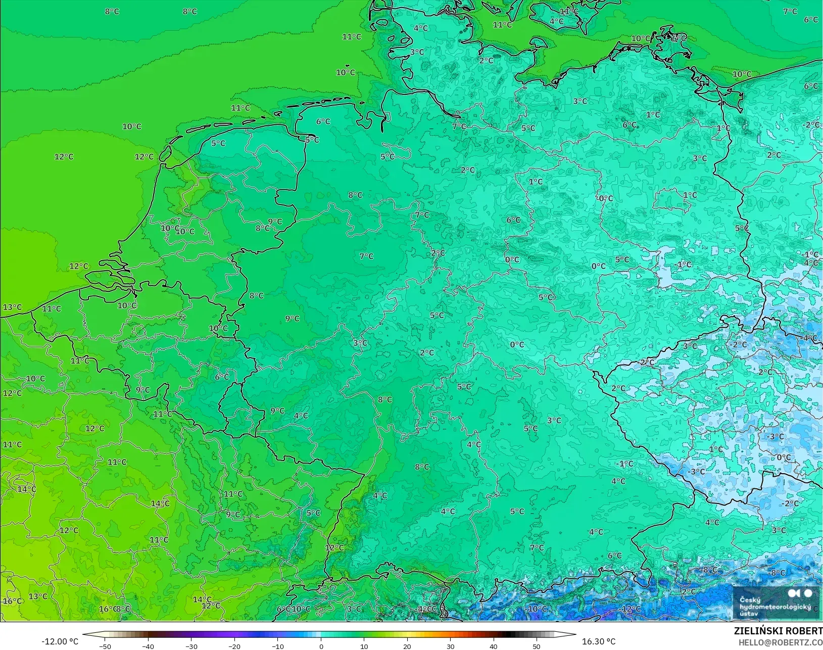 ALADIN CZ 2,3 km modelo - Alemanha, Temperatura a 2 m