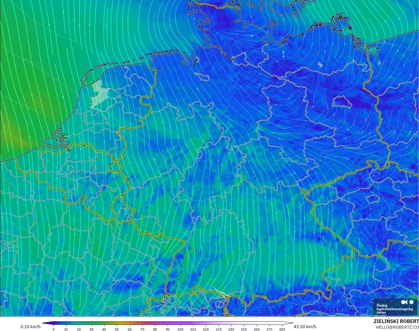 ALADIN CZ 2,3 km modelo - Alemanha, Vento a 10 m