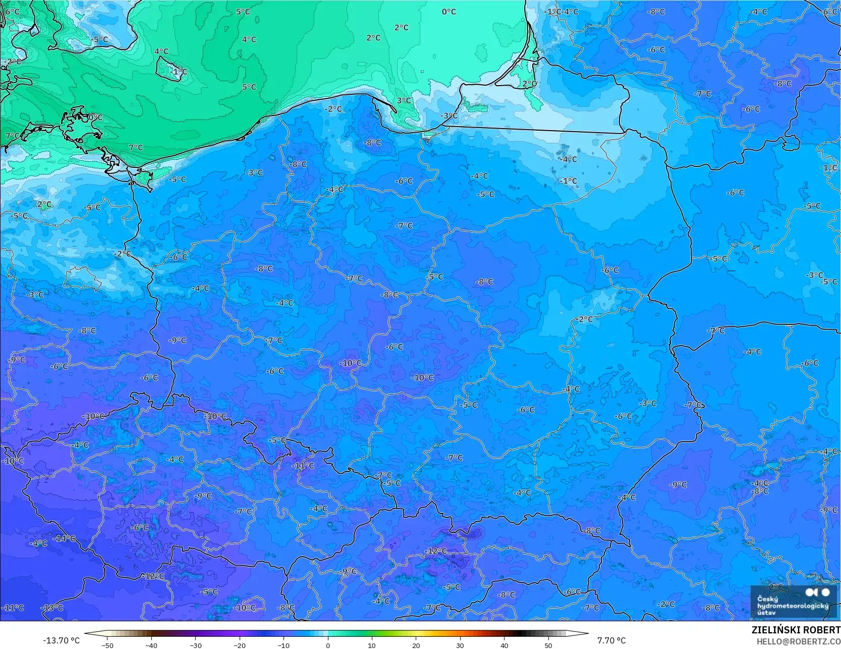 ALADIN CZ 2,3 km modelo - Polônia, Ponto de orvalho a 2 m