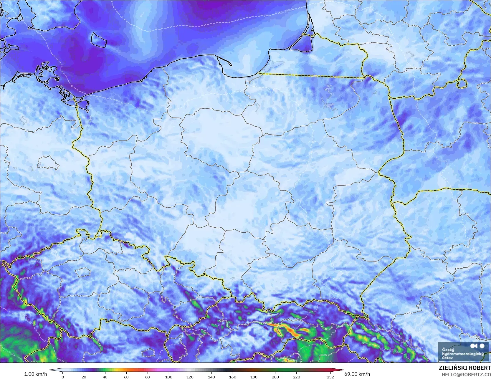 ALADIN CZ 2,3 km modelo - Polônia, Rajadas de Vento Máximas