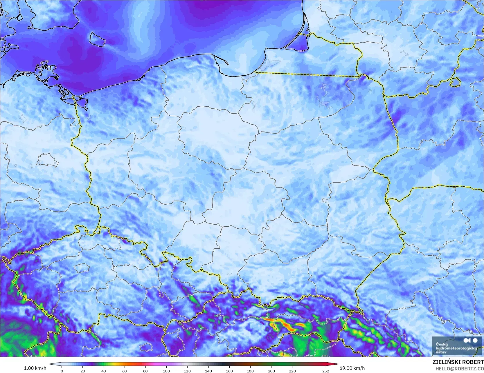 ALADIN CZ 2,3 km modelo - Polônia, Rajadas de vento