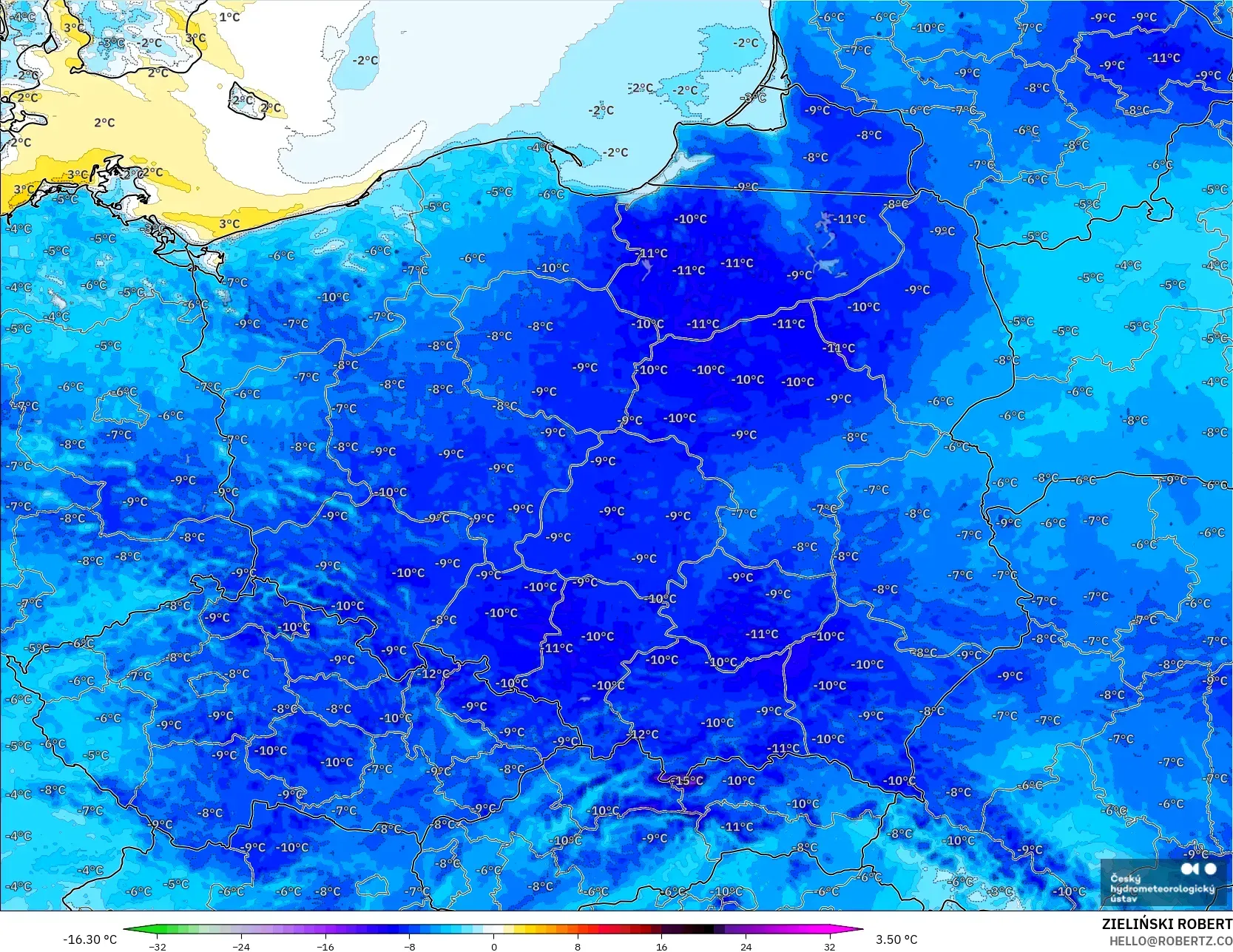 ALADIN CZ 2,3 km modelo - Polônia, Anomalia de temperatura a 2 m