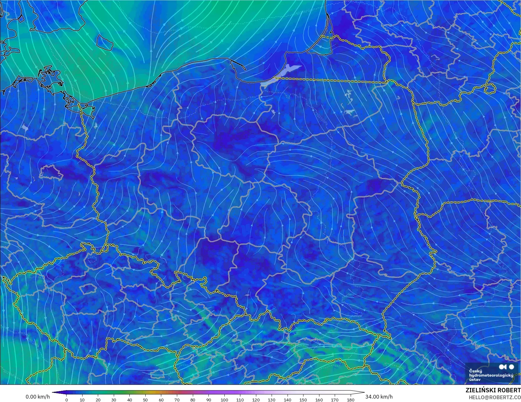 ALADIN CZ 2,3 km modelo - Polônia, Vento a 10 m