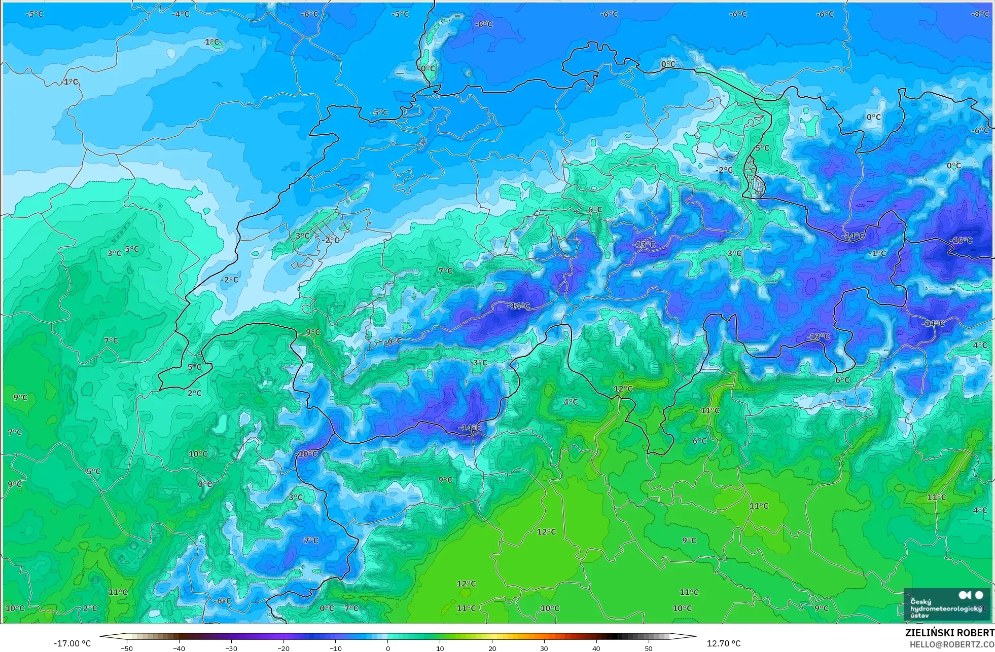 ALADIN CZ 2,3 km modelo - Suíça, Ponto de orvalho a 2 m