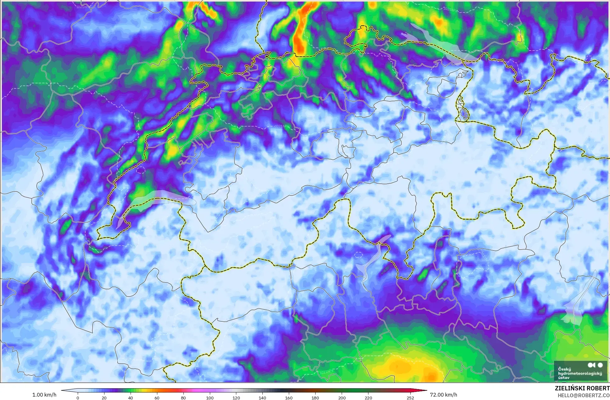 ALADIN CZ 2,3 km modelo - Suíça, Rajadas de Vento Máximas