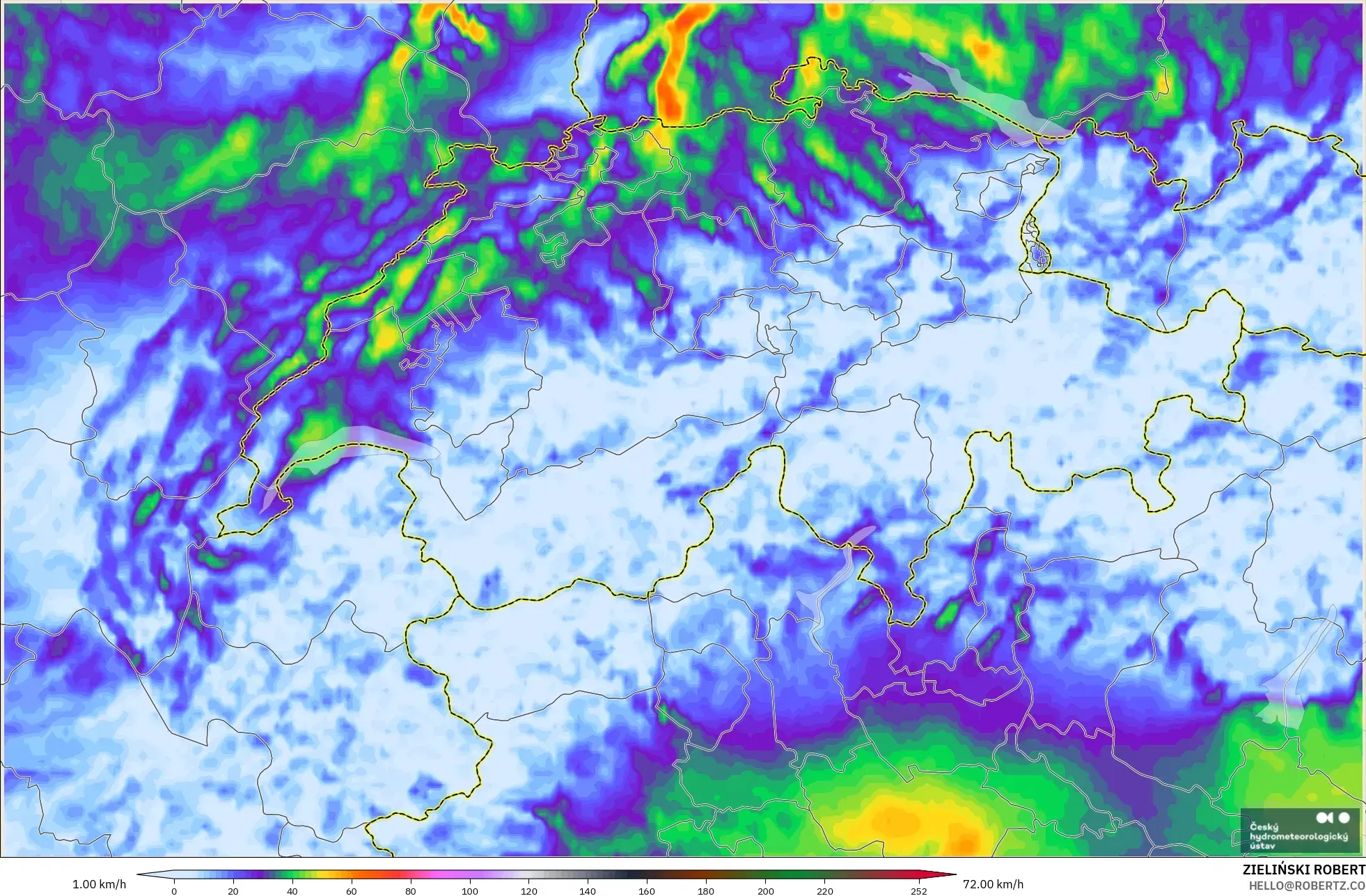 ALADIN CZ 2,3 km modelo - Suíça, Rajadas de vento