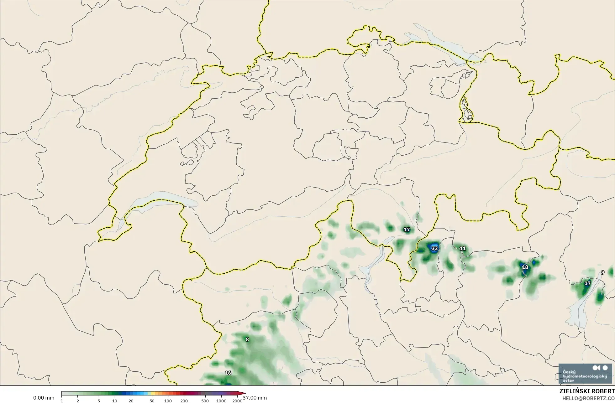 ALADIN CZ 2,3 km modelo - Suíça, Acúmulo de precipitação