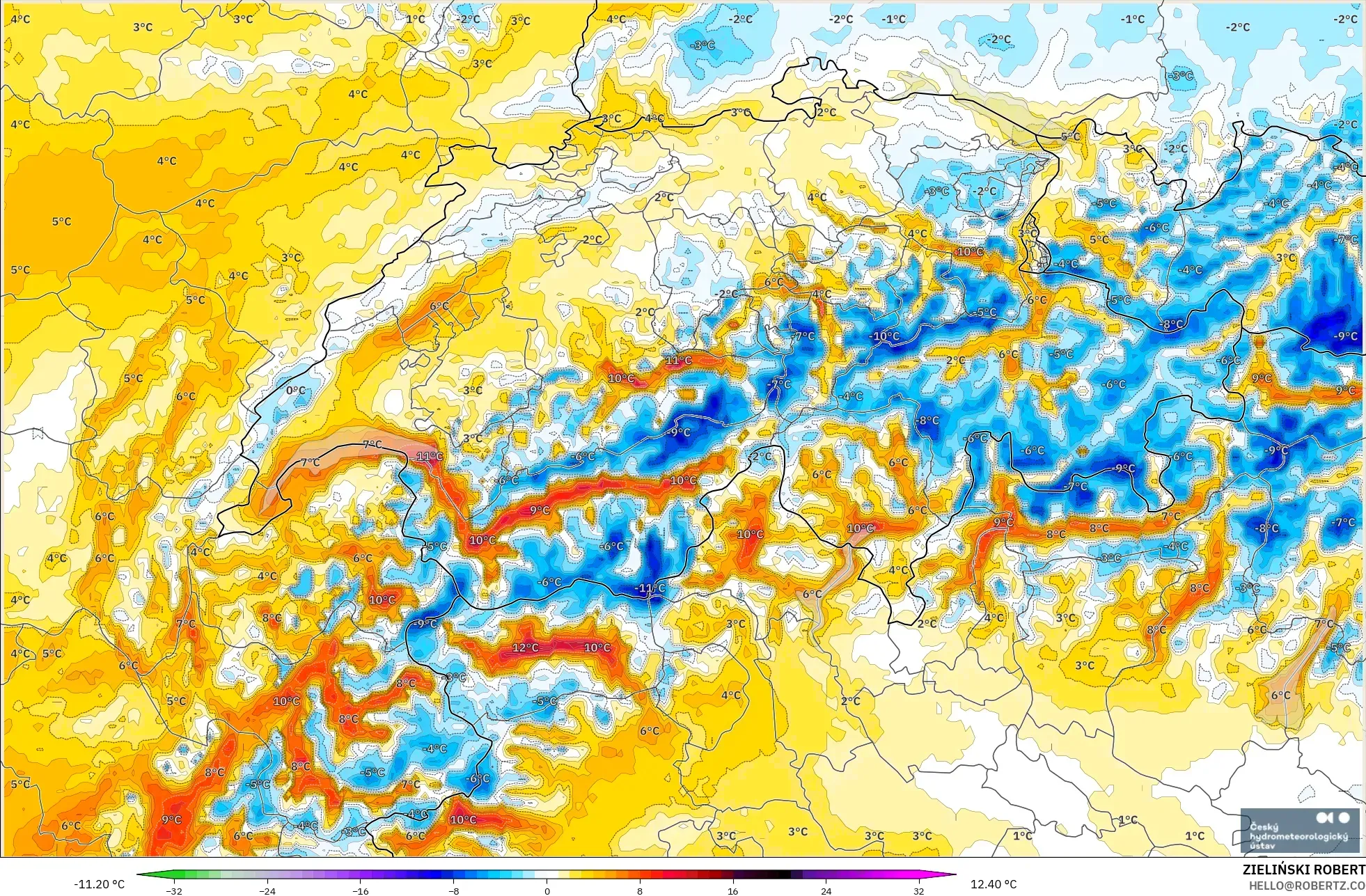 ALADIN CZ 2,3 km modelo - Suíça, Anomalia de temperatura a 2 m