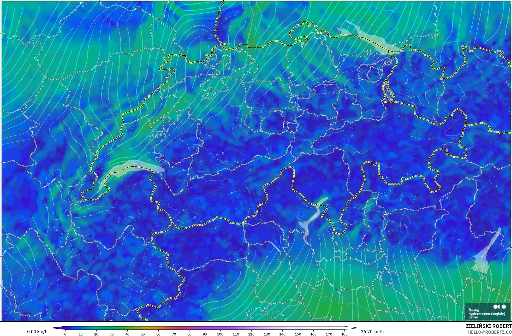 ALADIN CZ 2,3 km modelo - Suíça, Vento a 10 m