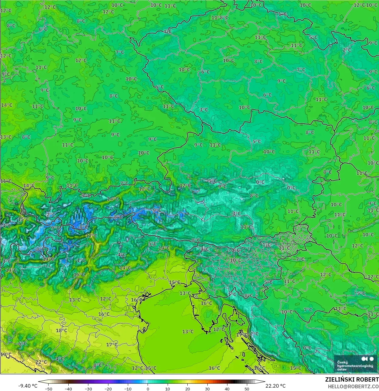 ALADIN CZ 2,3 km modelo - Áustria, Temperatura a 2 m