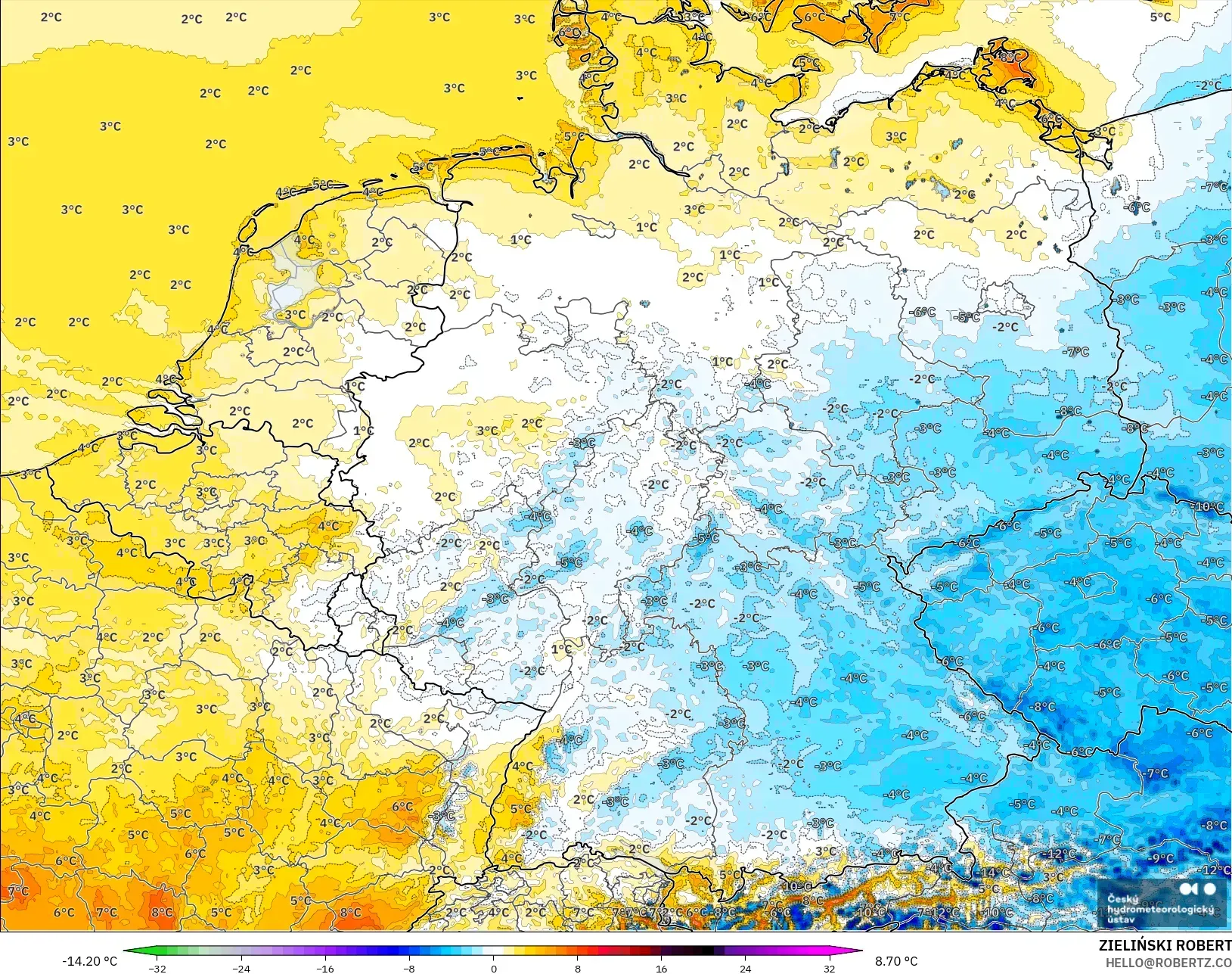 ALADIN CZ 2,3 km modelo - Alemanha, Anomalia de temperatura a 2 m