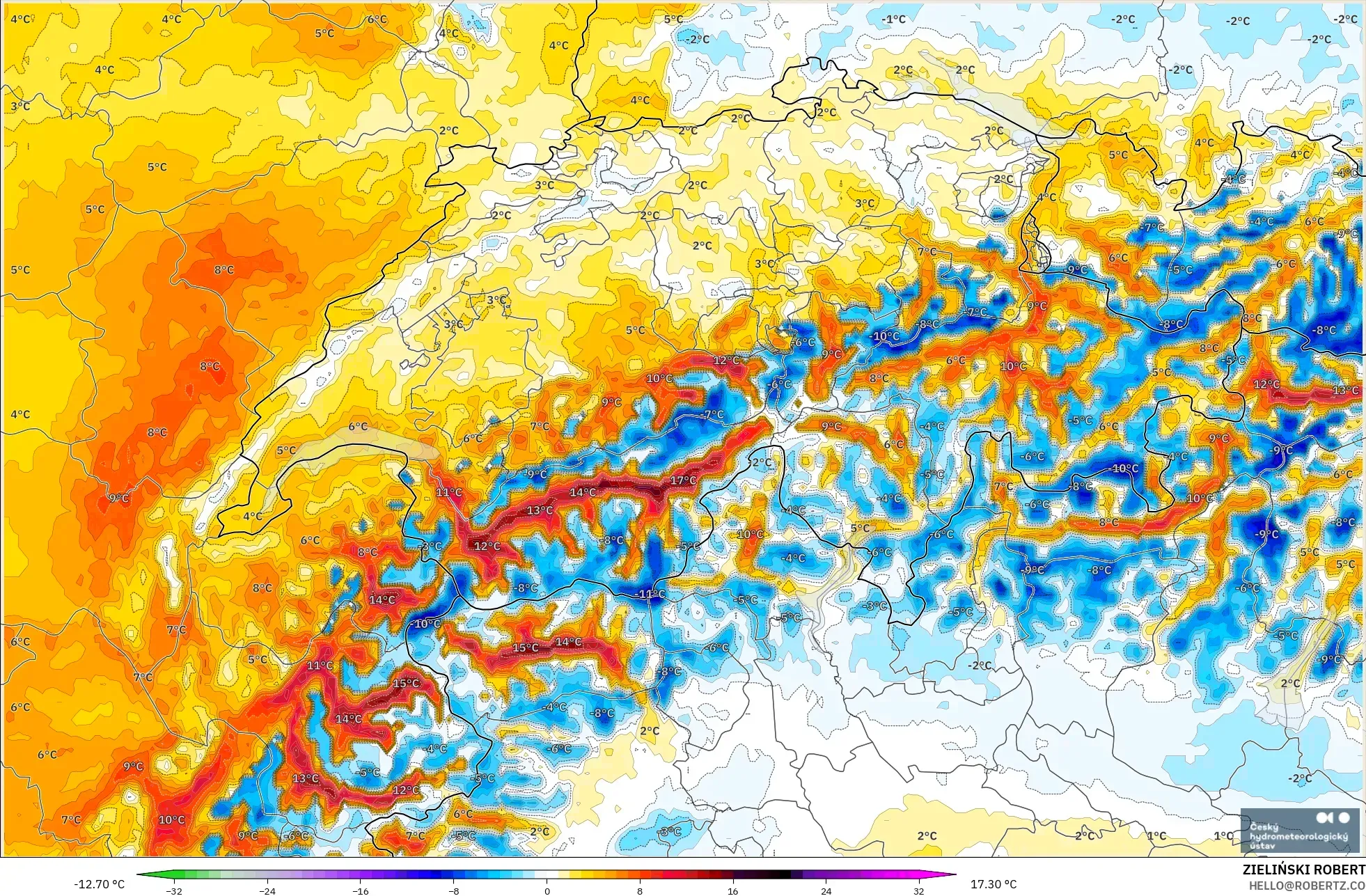 ALADIN CZ 2,3 km modelo - Suíça, Anomalia de temperatura a 2 m