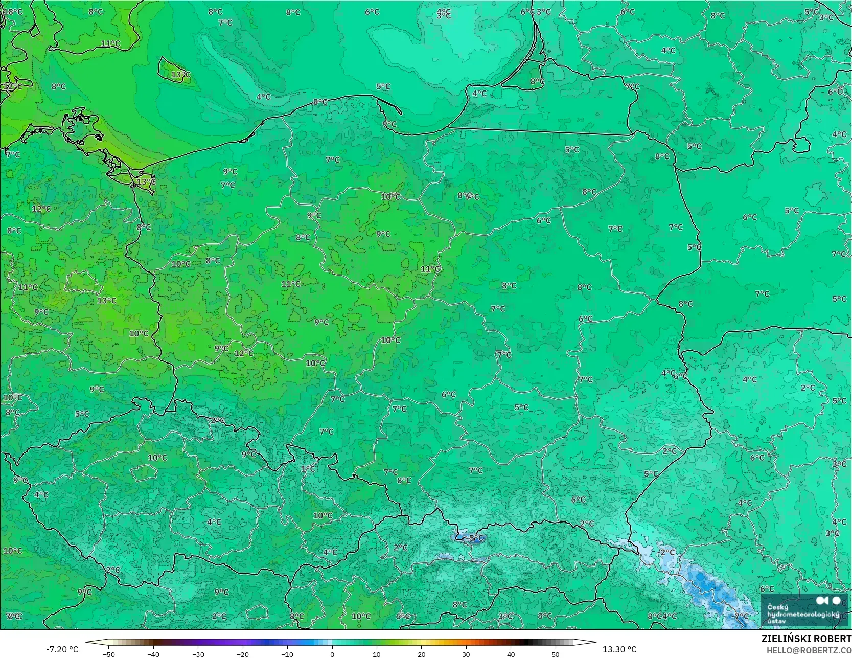 ALADIN CZ 2,3 km modelo - Polônia, Temperatura a 2 m
