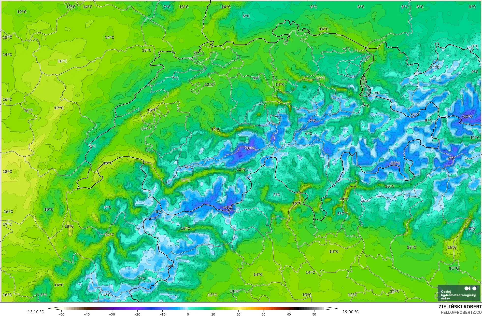 ALADIN CZ 2,3 km modelo - Suíça, Temperatura a 2 m