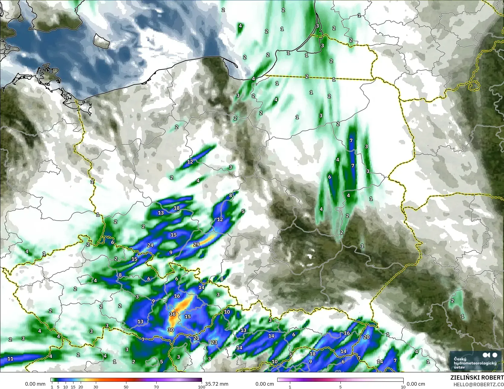 ALADIN CZ 2,3 km modelo - Polônia, Precipitação, nuvens e pressão