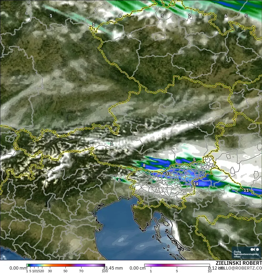 ALADIN CZ 2,3 km modelo - Áustria, Precipitação, nuvens e pressão