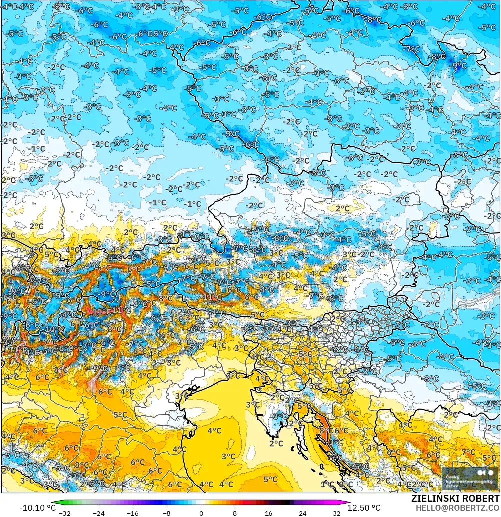 ALADIN CZ 2,3 km modelo - Áustria, Anomalia de temperatura a 2 m