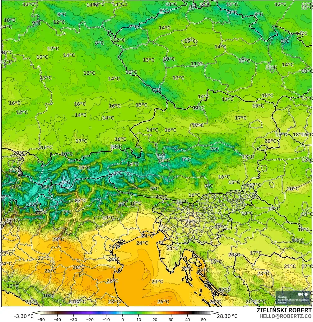 ALADIN CZ 2,3 km modelo - Áustria, Temperatura a 2 m