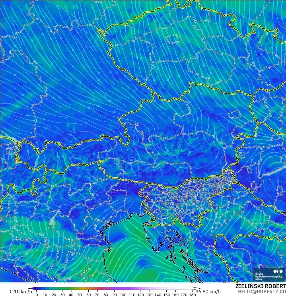 ALADIN CZ 2,3 km modelo - Áustria, Vento a 10 m