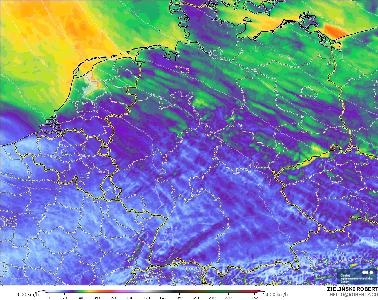 ALADIN CZ 2,3 km modelo - Alemanha, Rajadas de Vento Máximas