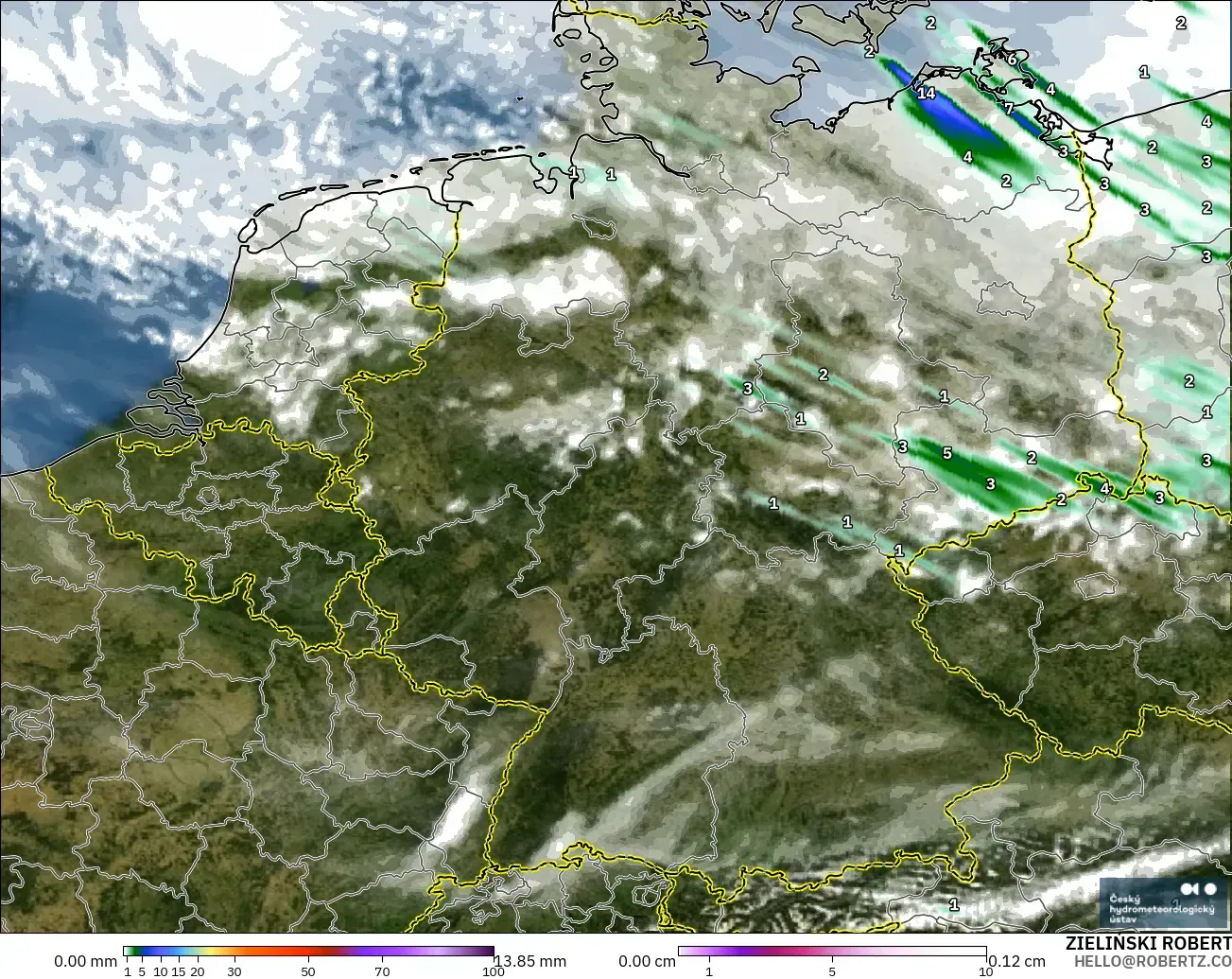 ALADIN CZ 2,3 km modelo - Alemanha, Precipitação, nuvens e pressão