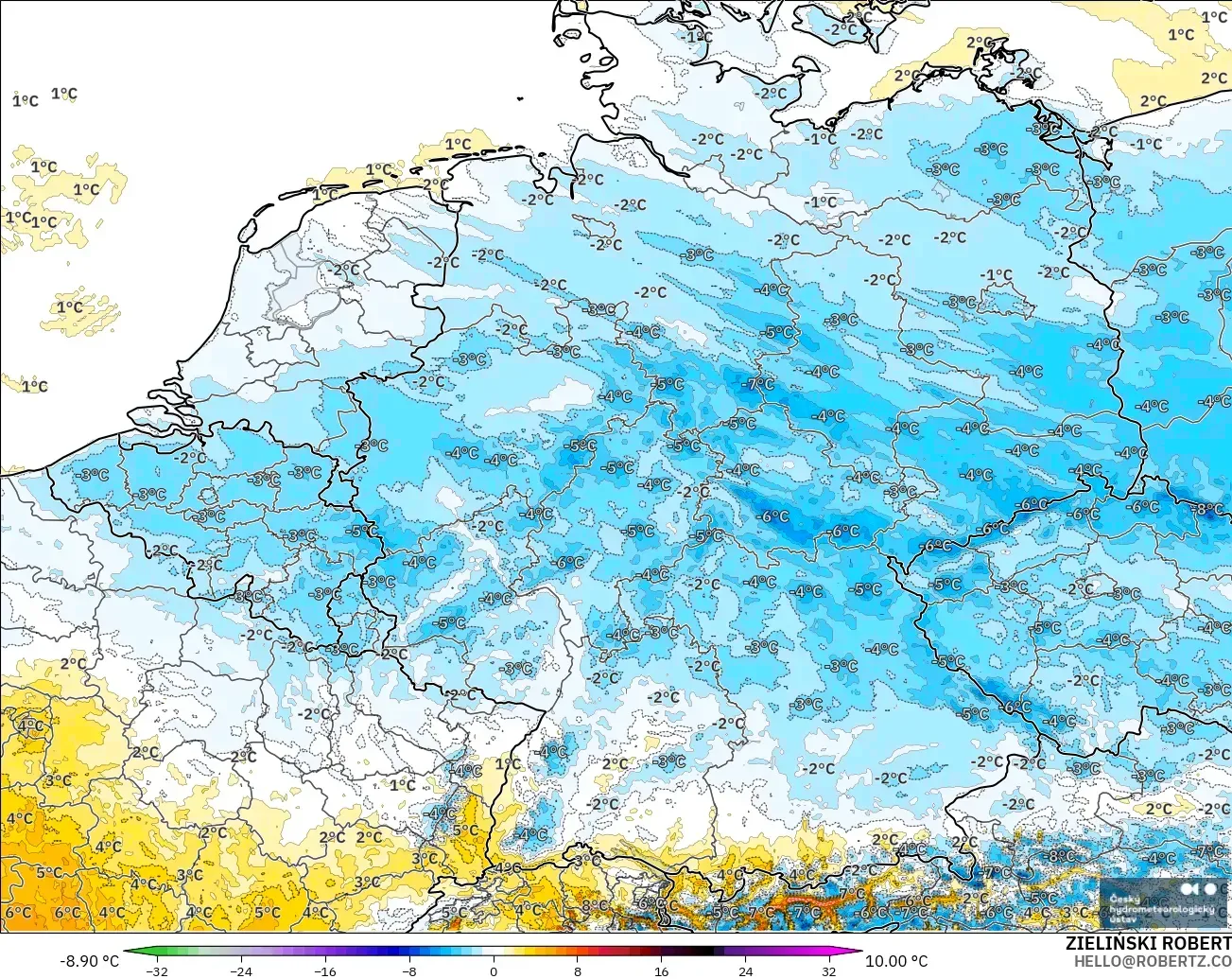 ALADIN CZ 2,3 km modelo - Alemanha, Anomalia de temperatura a 2 m