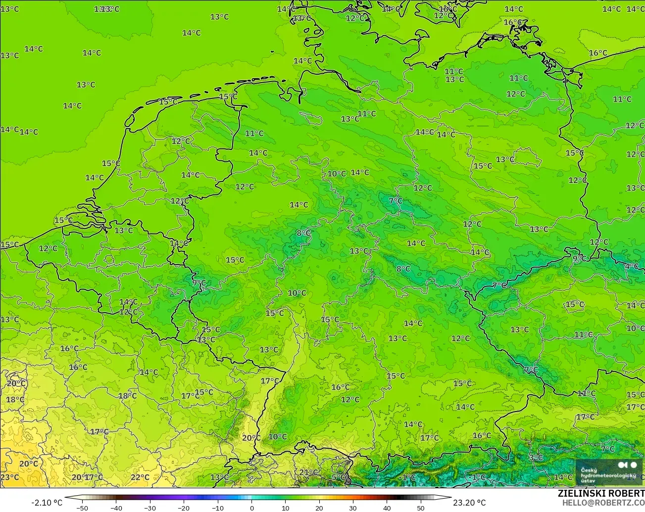 ALADIN CZ 2,3 km modelo - Alemanha, Temperatura a 2 m