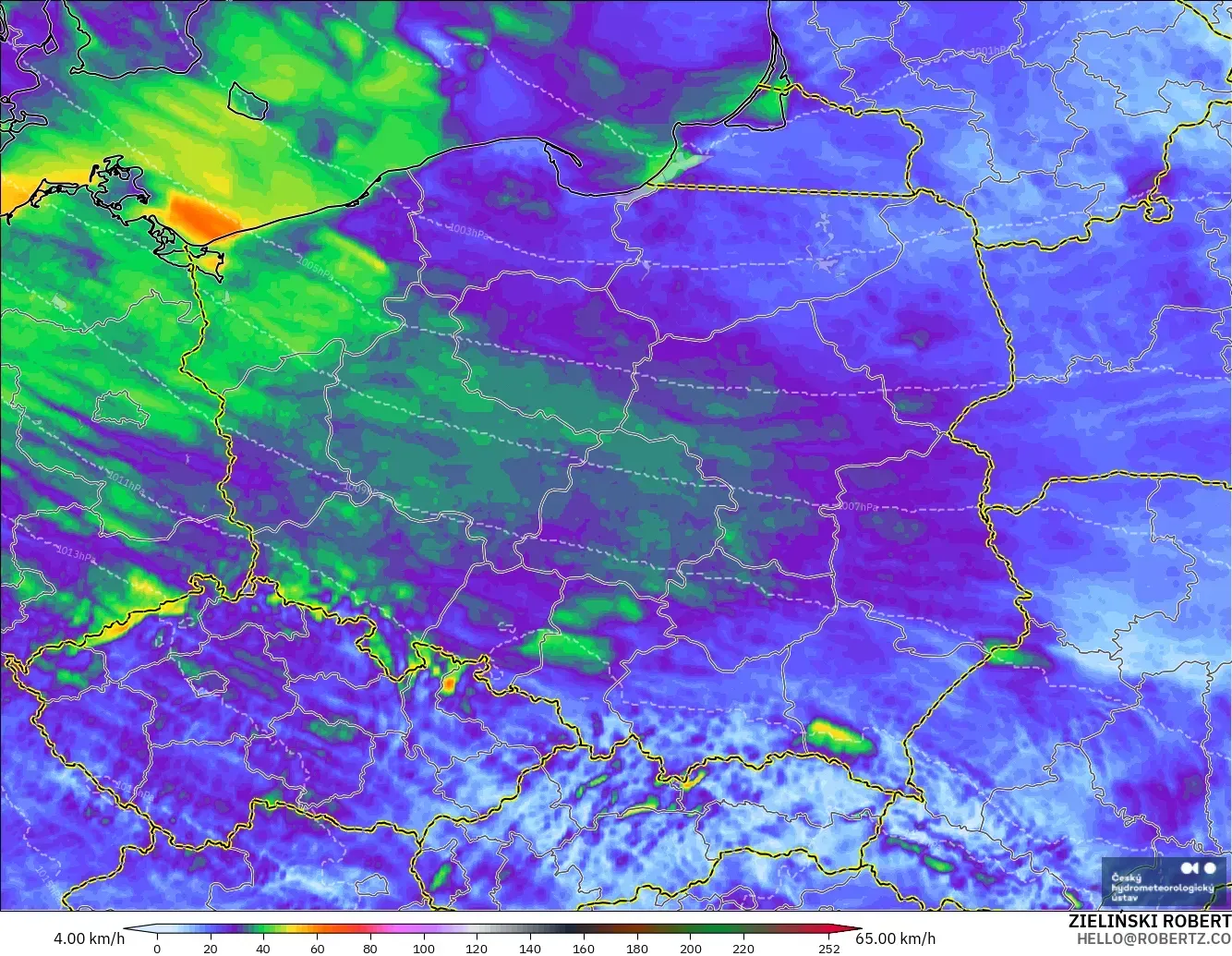 ALADIN CZ 2,3 km modelo - Polônia, Rajadas de Vento Máximas