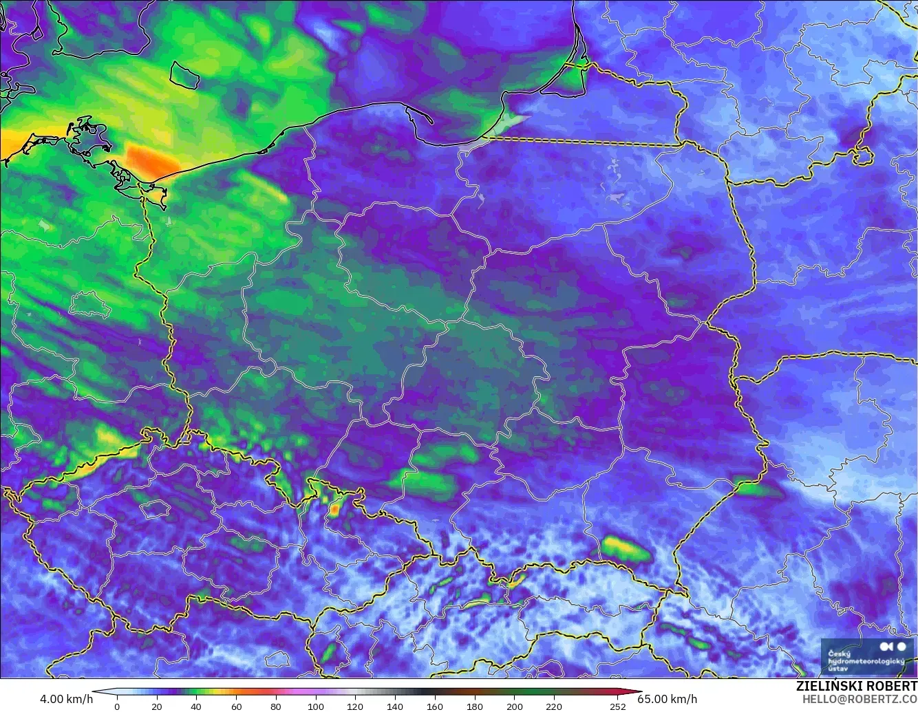ALADIN CZ 2,3 km modelo - Polônia, Rajadas de vento