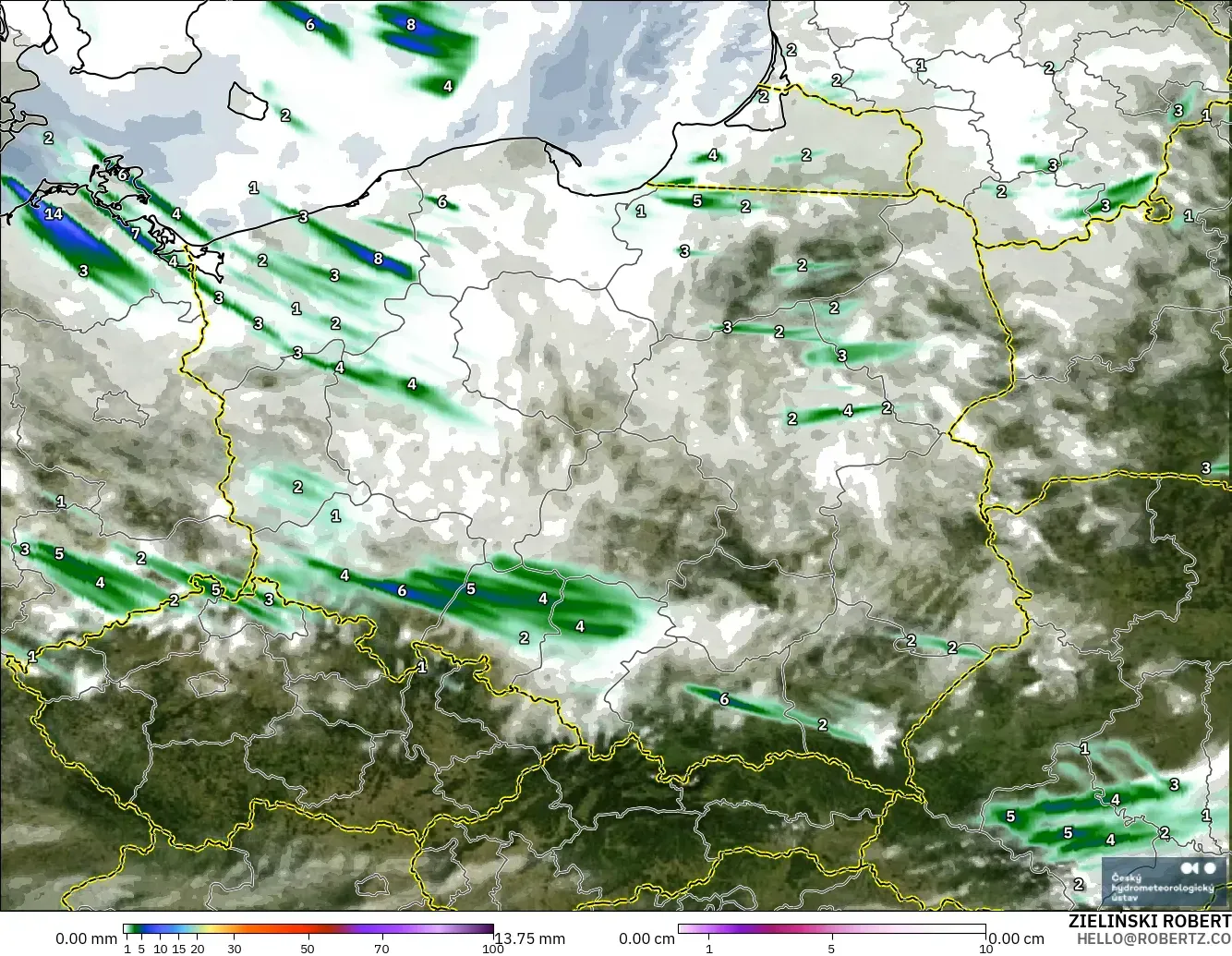 ALADIN CZ 2,3 km modelo - Polônia, Precipitação, nuvens e pressão