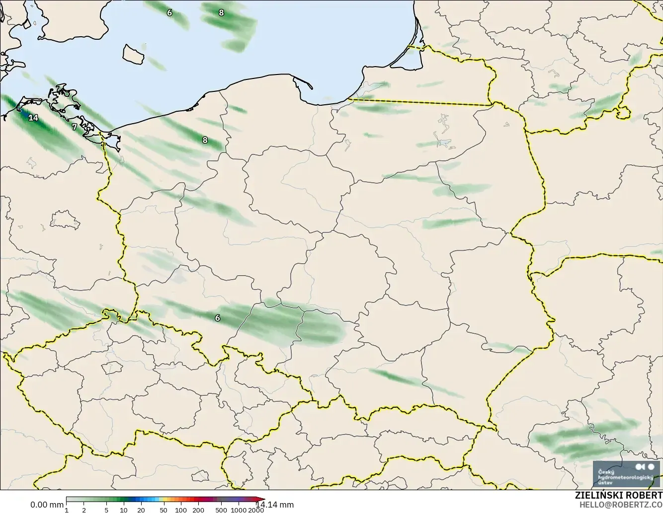 ALADIN CZ 2,3 km modelo - Polônia, Acúmulo de precipitação