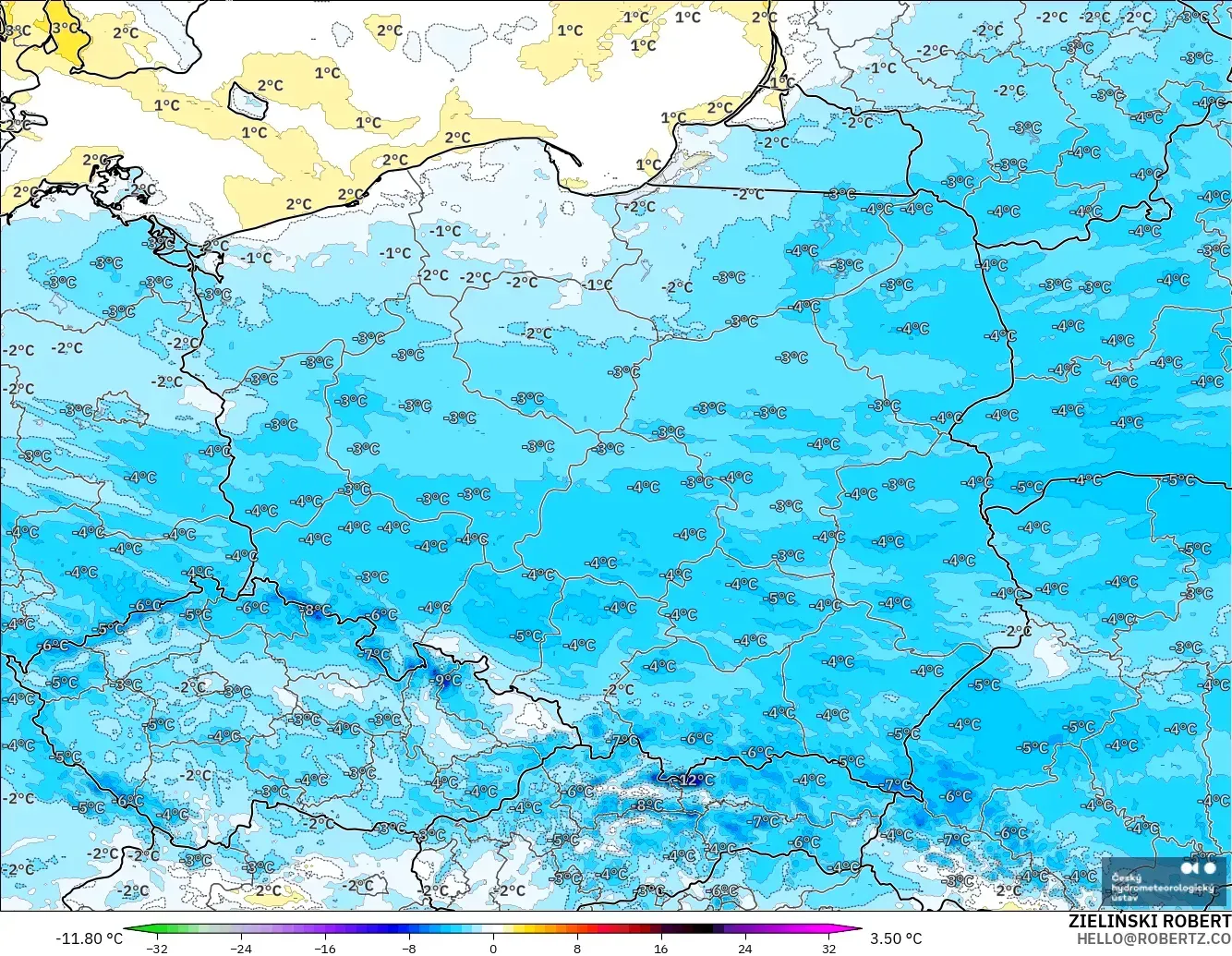 ALADIN CZ 2,3 km modelo - Polônia, Anomalia de temperatura a 2 m