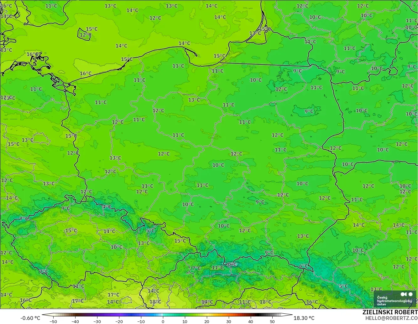ALADIN CZ 2,3 km modelo - Polônia, Temperatura a 2 m