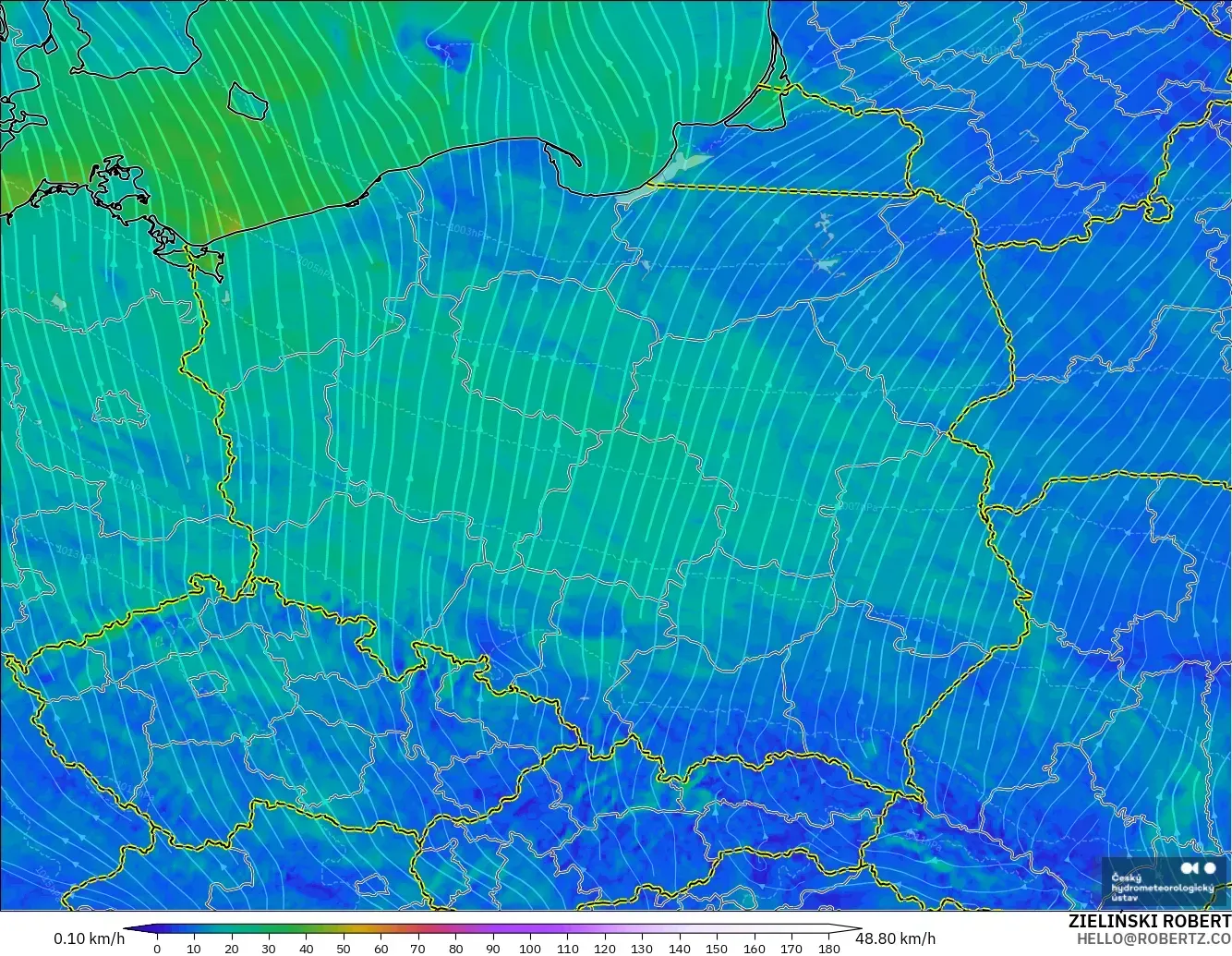 ALADIN CZ 2,3 km modelo - Polônia, Vento a 10 m