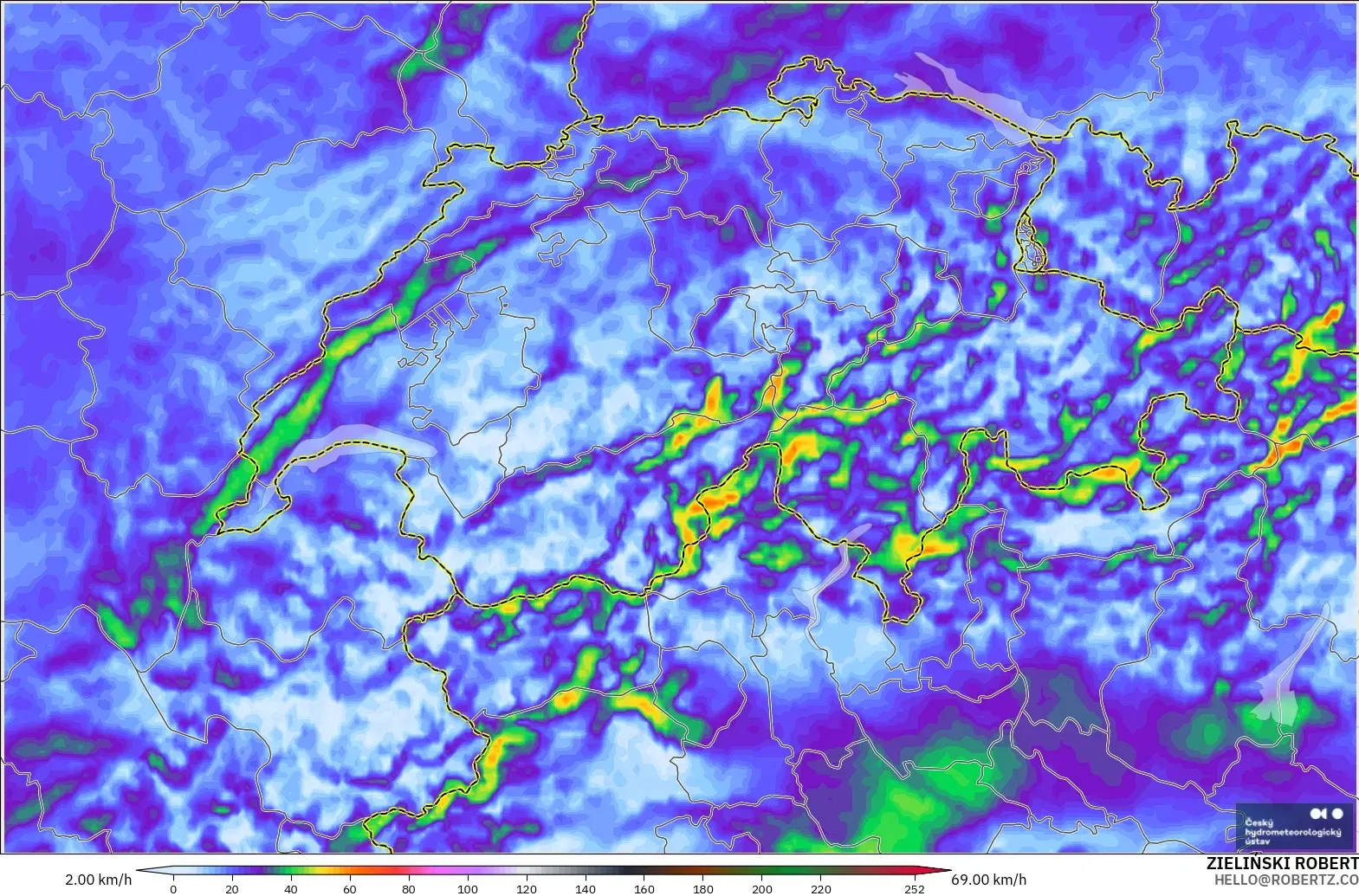 ALADIN CZ 2,3 km modelo - Suíça, Rajadas de vento