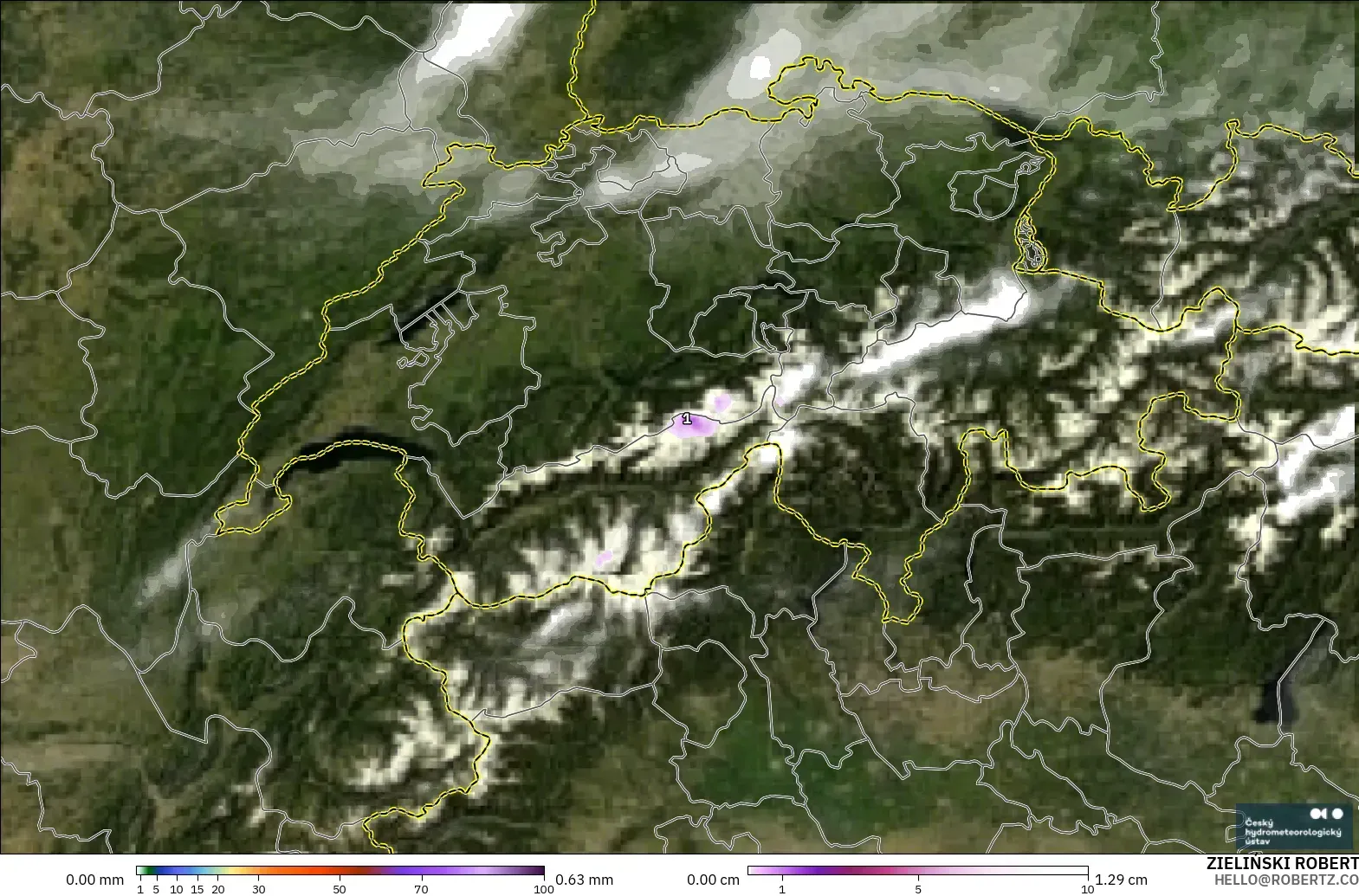 ALADIN CZ 2,3 km modelo - Suíça, Precipitação, nuvens e pressão