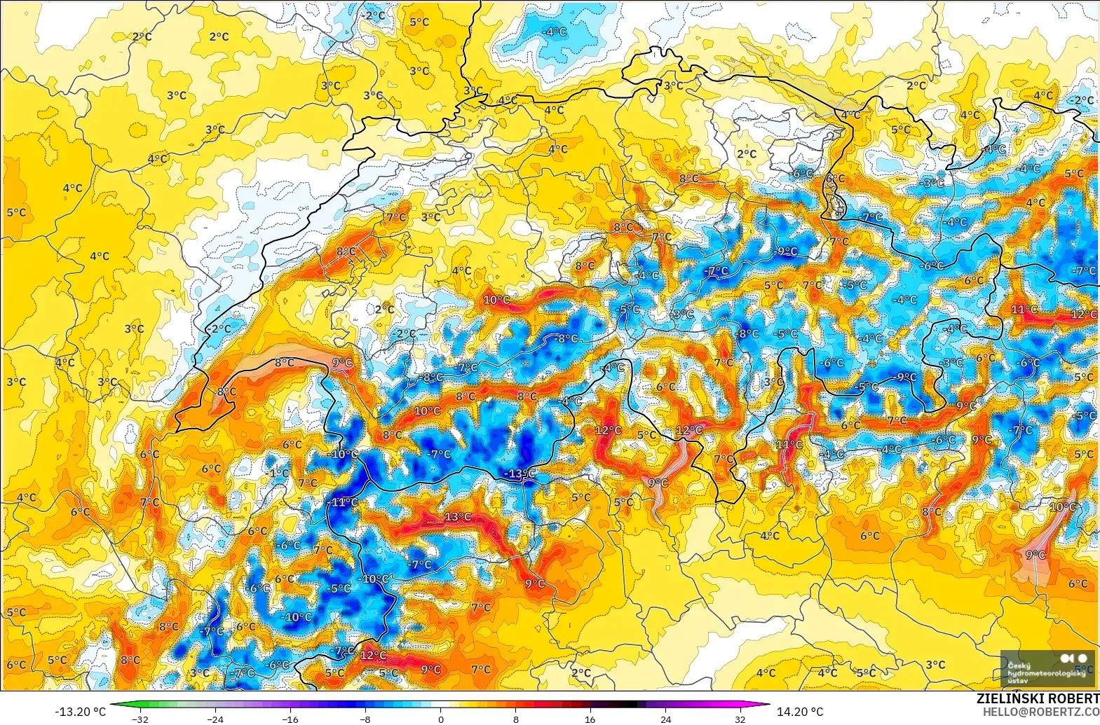 ALADIN CZ 2,3 km modelo - Suíça, Anomalia de temperatura a 2 m
