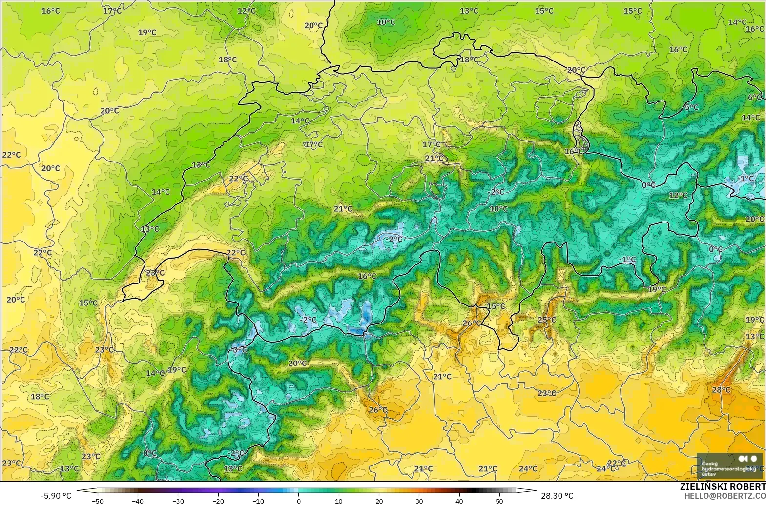 ALADIN CZ 2,3 km modelo - Suíça, Temperatura a 2 m