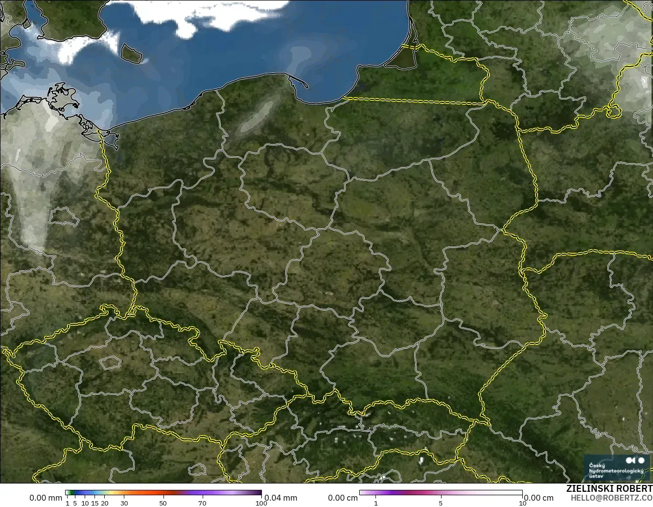 ALADIN CZ 2,3 km modelo - Polônia, Precipitação, nuvens e pressão