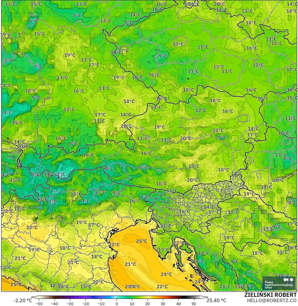 ALADIN CZ 2,3 km modelo - Áustria, Ponto de orvalho a 2 m
