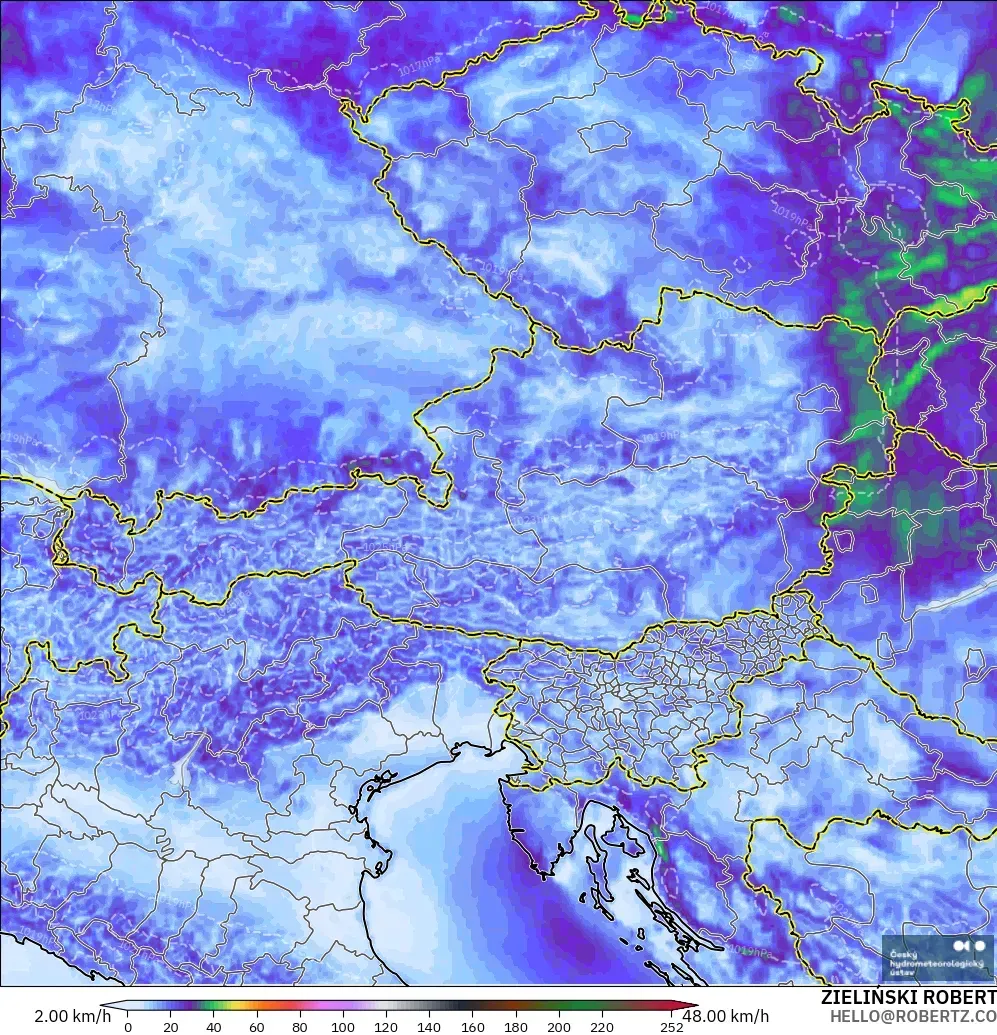 ALADIN CZ 2,3 km modelo - Áustria, Rajadas de Vento Máximas