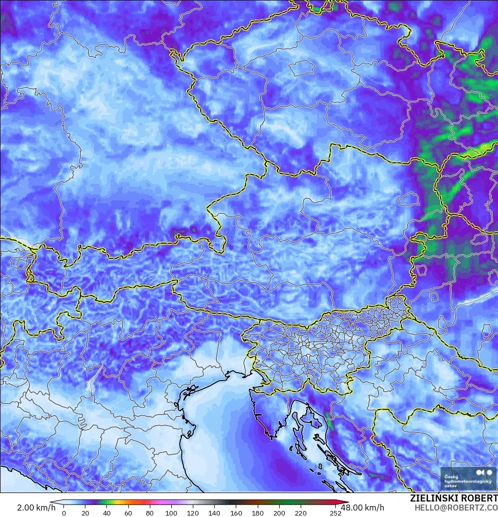 ALADIN CZ 2,3 km modelo - Áustria, Rajadas de vento