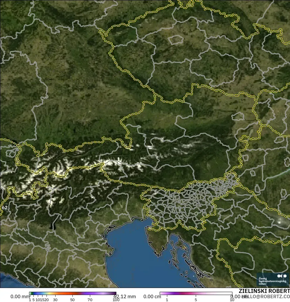 ALADIN CZ 2,3 km modelo - Áustria, Precipitação, nuvens e pressão