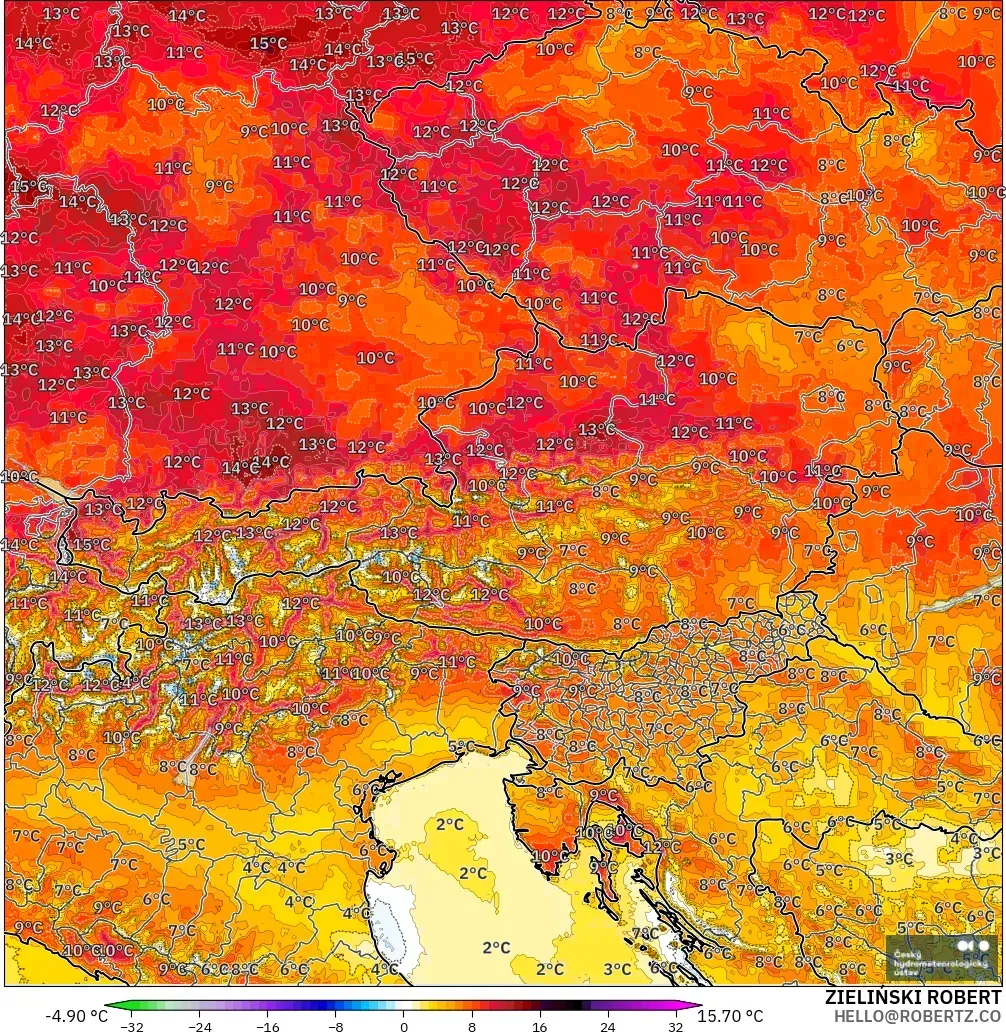 ALADIN CZ 2,3 km modelo - Áustria, Anomalia de temperatura a 2 m