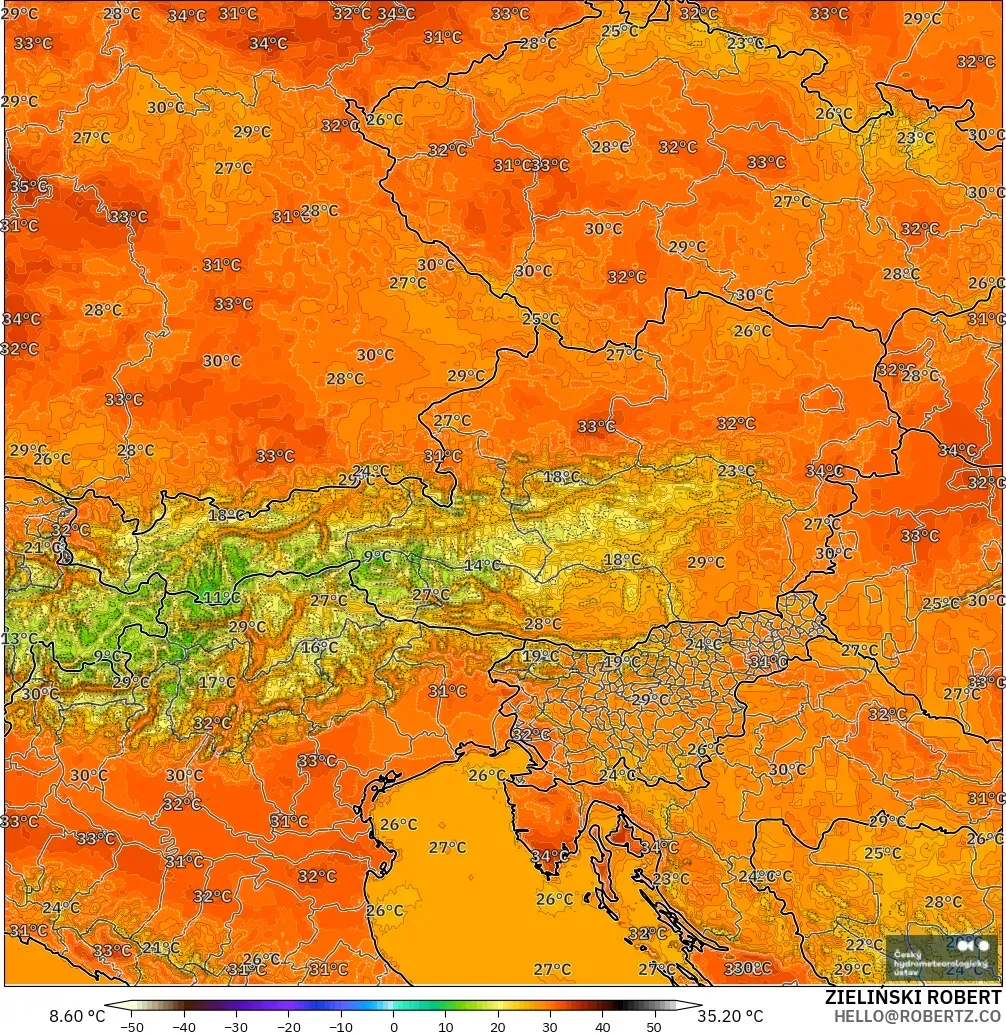 ALADIN CZ 2,3 km modelo - Áustria, Temperatura a 2 m