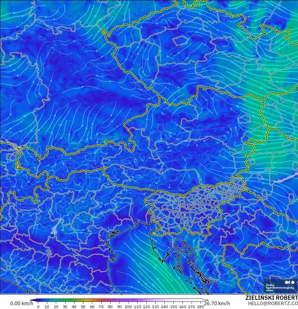 ALADIN CZ 2,3 km modelo - Áustria, Vento a 10 m