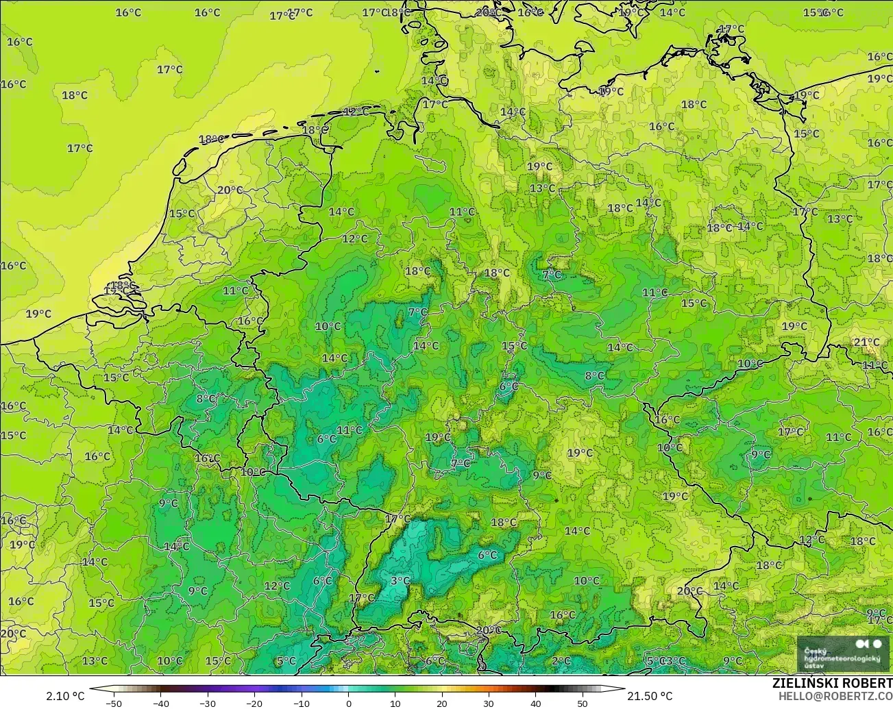 ALADIN CZ 2,3 km modelo - Alemanha, Ponto de orvalho a 2 m