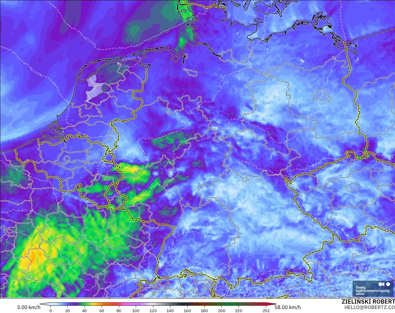 ALADIN CZ 2,3 km modelo - Alemanha, Rajadas de Vento Máximas
