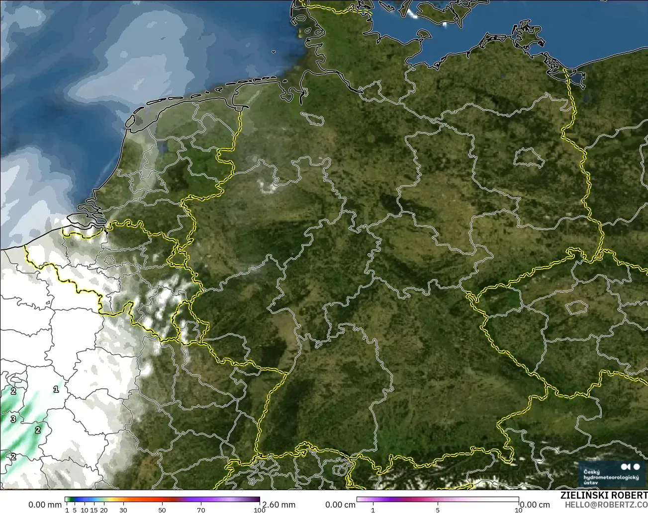 ALADIN CZ 2,3 km modelo - Alemanha, Precipitação, nuvens e pressão