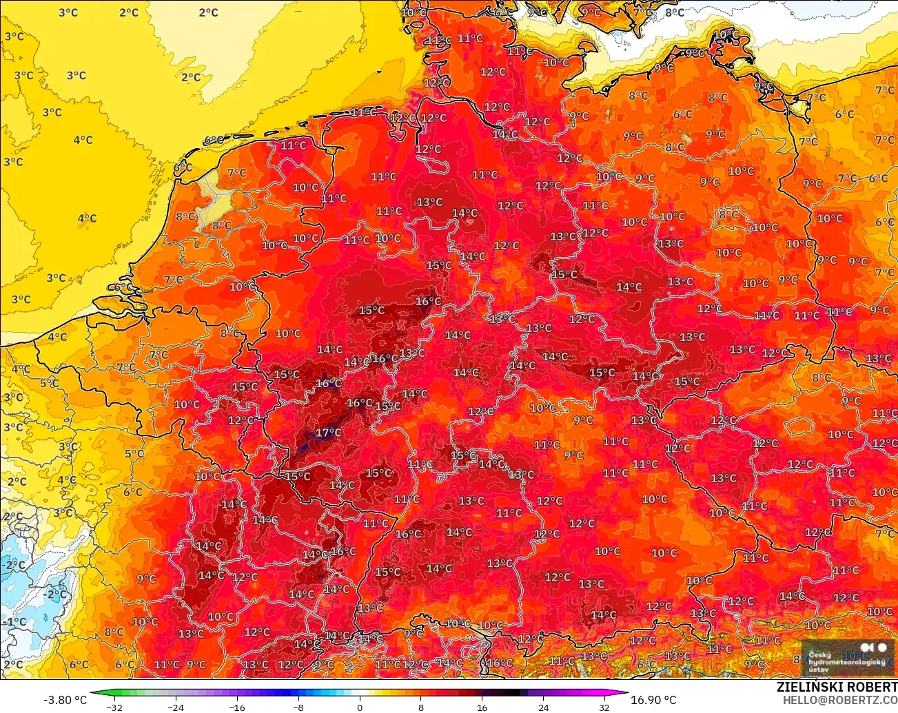 ALADIN CZ 2,3 km modelo - Alemanha, Anomalia de temperatura a 2 m